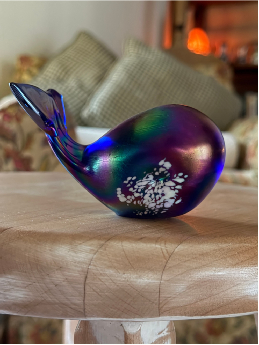 36. Vintage Hand Blown Iridescent Art Glass Whale Blue Purple Studio Glass